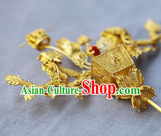 China Ancient King Hairpin Handmade Traditional Ming Dynasty Emperor Golden Dragons Hair Stick