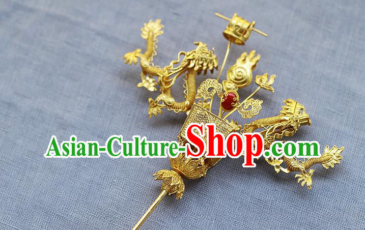 China Ancient King Hairpin Handmade Traditional Ming Dynasty Emperor Golden Dragons Hair Stick