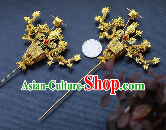 China Ancient King Hairpin Handmade Traditional Ming Dynasty Emperor Golden Dragons Hair Stick