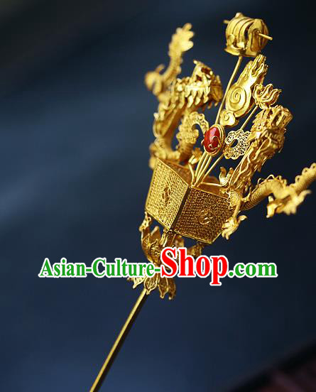 China Ancient King Hairpin Handmade Traditional Ming Dynasty Emperor Golden Dragons Hair Stick