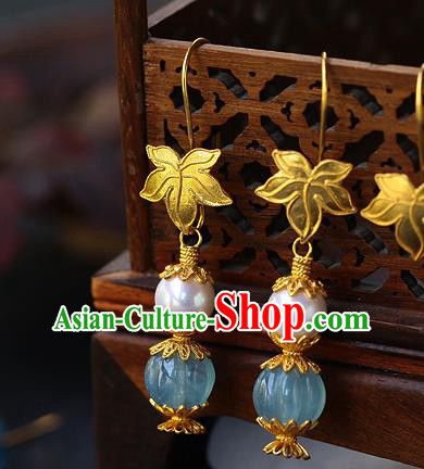 Chinese Traditional Qing Dynasty Court Earrings Ancient Imperial Consort Aquamarine Ear Accessories