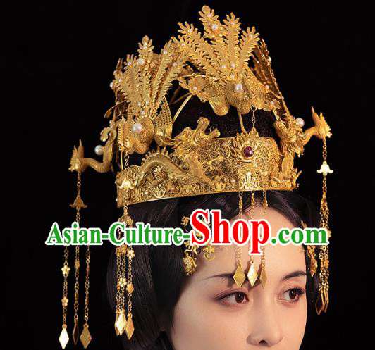 China Ancient Empress Golden Phoenix Coronet Handmade Traditional Ming Dynasty Wedding Hair Crown