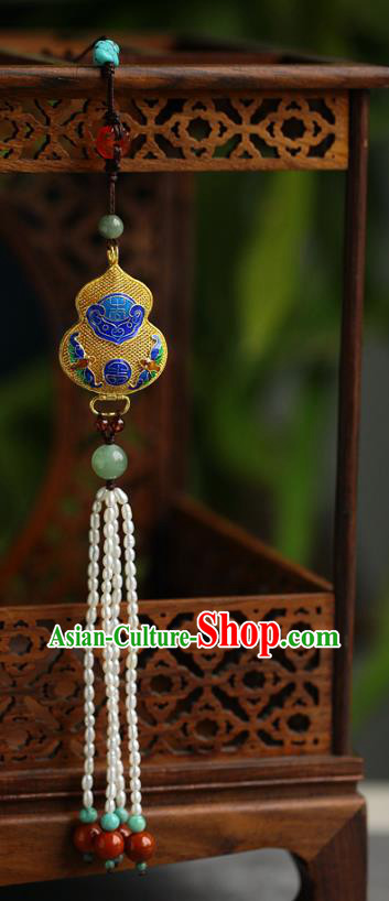 Chinese Traditional Qing Dynasty Pearls Tassel Brooch Ancient Empress Filigree Gourd Pendant Accessories