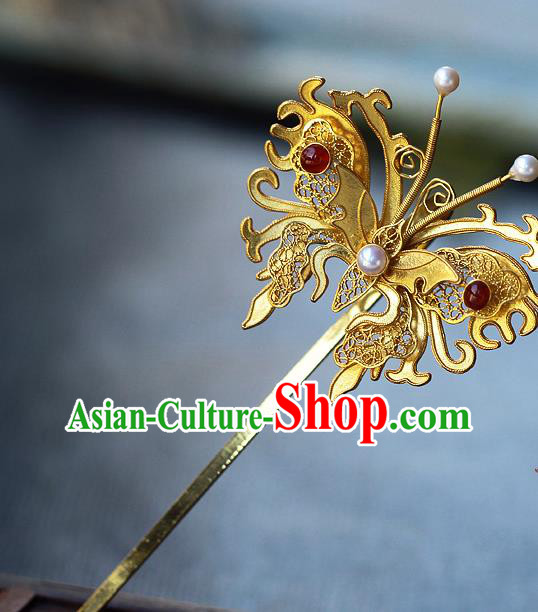 China Ancient Royal Queen Agate Pearls Hairpin Handmade Traditional Ming Dynasty Filigree Butterfly Hair Jewelry