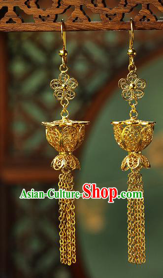 Chinese Traditional Filigree Earrings Ancient Imperial Consort Golden Lantern Tassel Ear Accessories