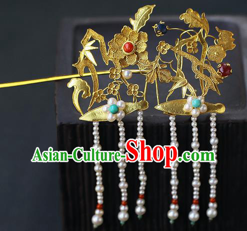 China Ancient Queen Filigree Hairpin Handmade Traditional Ming Dynasty Pearls Tassel Hair Stick