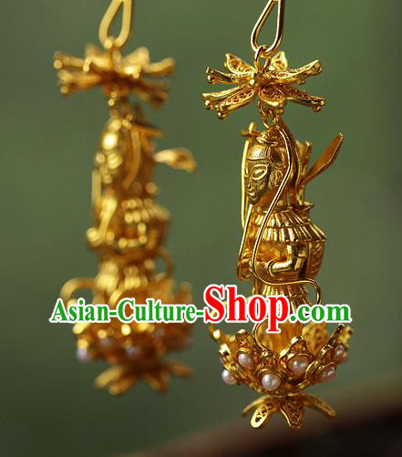 Chinese Traditional Sui Dynasty Princess Earrings Ancient Palace Lady Golden God Ear Accessories
