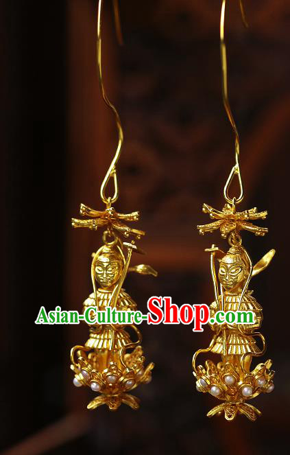 Chinese Traditional Sui Dynasty Princess Earrings Ancient Palace Lady Golden God Ear Accessories
