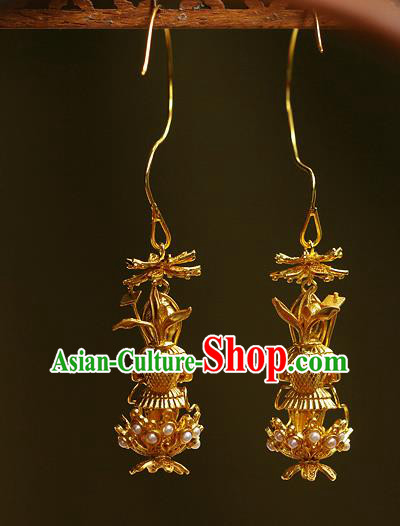 Chinese Traditional Sui Dynasty Princess Earrings Ancient Palace Lady Golden God Ear Accessories