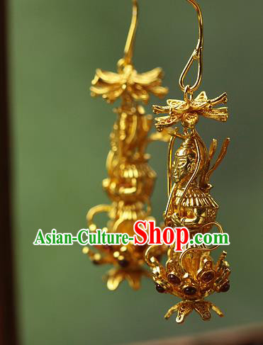 Chinese Ancient Palace Lady Golden God Ear Accessories Traditional Sui Dynasty Princess Garnet Earrings
