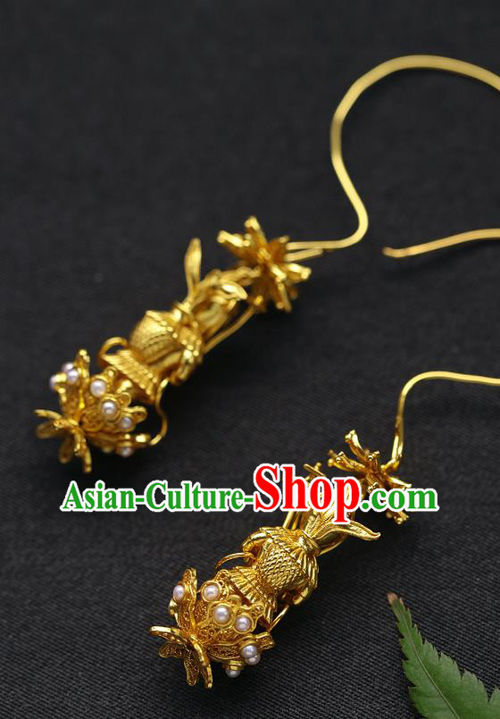 Chinese Ancient Palace Lady Golden God Ear Accessories Traditional Sui Dynasty Princess Garnet Earrings
