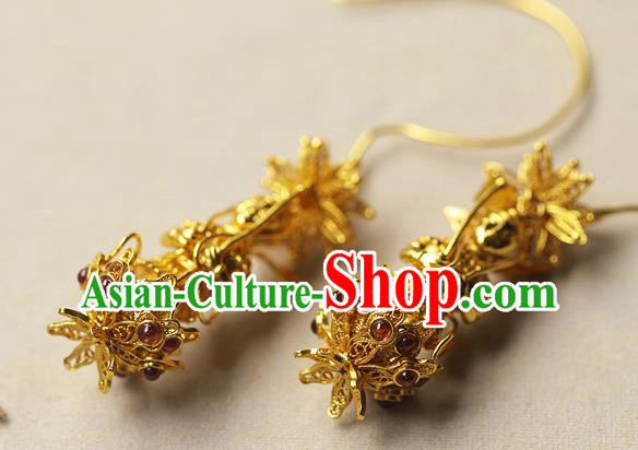 Chinese Ancient Palace Lady Golden God Ear Accessories Traditional Sui Dynasty Princess Garnet Earrings