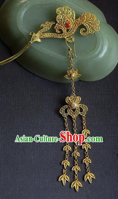 China Ancient Court Woman Golden Tassel Hairpin Handmade Traditional Tang Dynasty Filigree Hair Stick