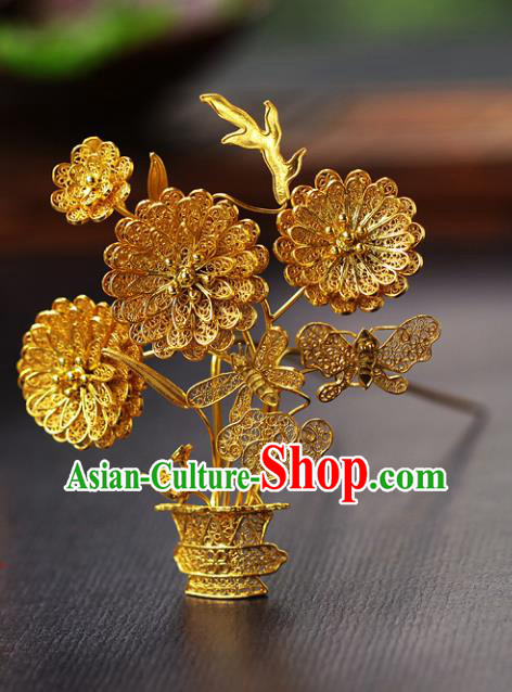 China Ancient Royal Rani Hair Stick Traditional Ming Dynasty Court Filigree Chrysanthemum Hairpin