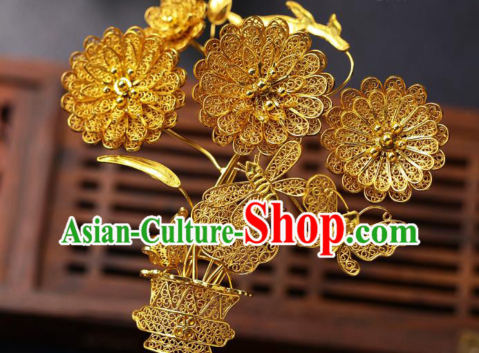 China Ancient Royal Rani Hair Stick Traditional Ming Dynasty Court Filigree Chrysanthemum Hairpin