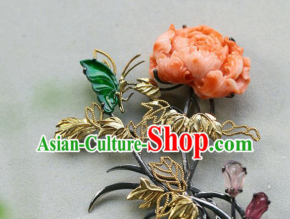 Chinese Traditional Brooch Accessories Ancient Empress Agate Carving Peony Necklace Pendant