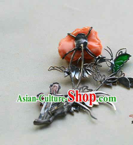 Chinese Traditional Brooch Accessories Ancient Empress Agate Carving Peony Necklace Pendant