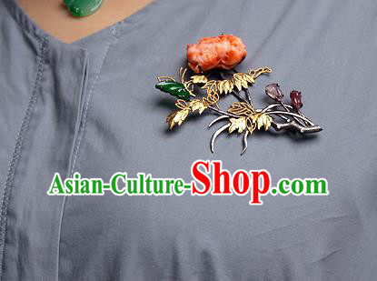 Chinese Traditional Brooch Accessories Ancient Empress Agate Carving Peony Necklace Pendant