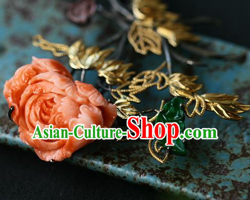 Chinese Traditional Brooch Accessories Ancient Empress Agate Carving Peony Necklace Pendant