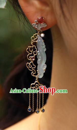 Chinese Handmade Crystal Tassel Ear Accessories Traditional Cheongsam Jadeite Earrings