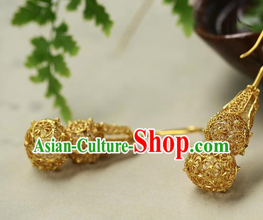 Chinese Handmade Filigree Ear Accessories Traditional Cheongsam Golden Gourd Earrings