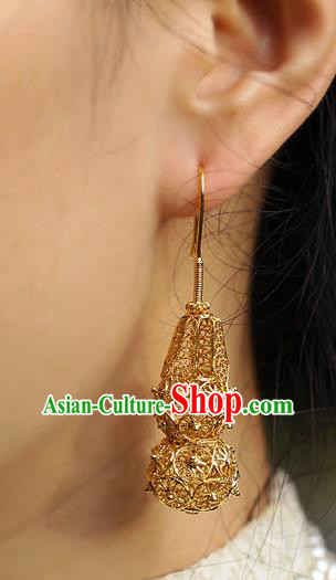 Chinese Handmade Filigree Ear Accessories Traditional Cheongsam Golden Gourd Earrings