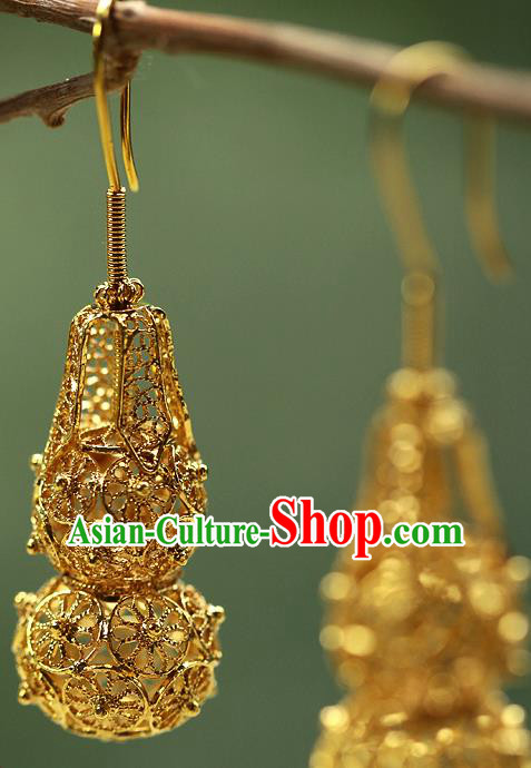 Chinese Handmade Filigree Ear Accessories Traditional Cheongsam Golden Gourd Earrings