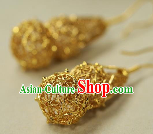 Chinese Handmade Filigree Ear Accessories Traditional Cheongsam Golden Gourd Earrings