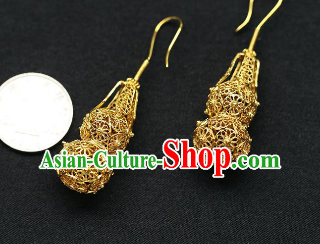 Chinese Handmade Filigree Ear Accessories Traditional Cheongsam Golden Gourd Earrings
