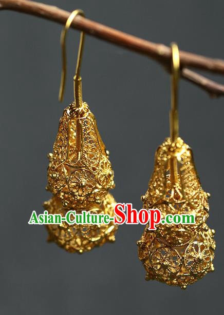 Chinese Handmade Filigree Ear Accessories Traditional Cheongsam Golden Gourd Earrings