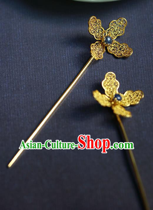 China Ancient Queen Sapphire Hair Stick Traditional Ming Dynasty Filigree Orchid Hairpin