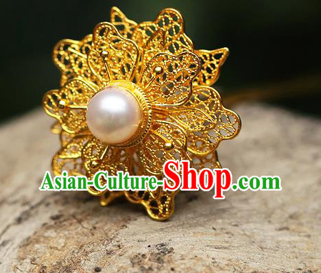 China Ancient Court Lady Pearl Hair Jewelry Traditional Song Dynasty Filigree Peony Hairpin