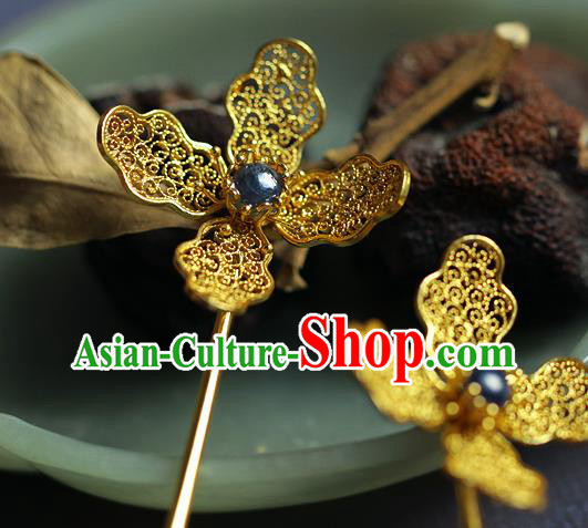 China Ancient Queen Sapphire Hair Stick Traditional Ming Dynasty Filigree Orchid Hairpin