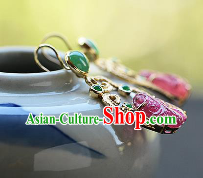 Chinese Handmade Jadeite Ear Accessories Traditional Cheongsam Tourmaline Goldfish Earrings