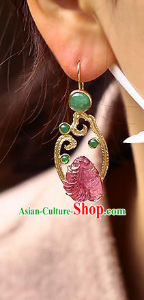 Chinese Handmade Jadeite Ear Accessories Traditional Cheongsam Tourmaline Goldfish Earrings