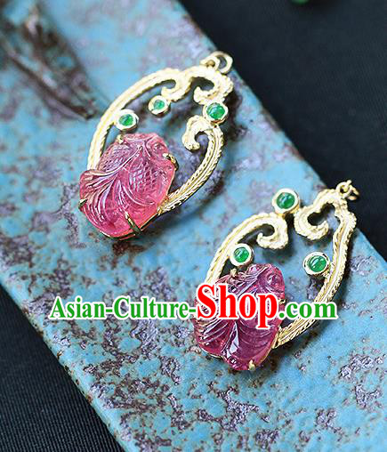 Chinese Handmade Jadeite Ear Accessories Traditional Cheongsam Tourmaline Goldfish Earrings