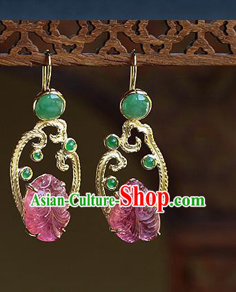 Chinese Handmade Jadeite Ear Accessories Traditional Cheongsam Tourmaline Goldfish Earrings