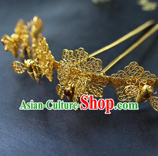 China Ancient Empress Ruby Hair Crown Traditional Ming Dynasty Court Filigree Butterfly Hairpin