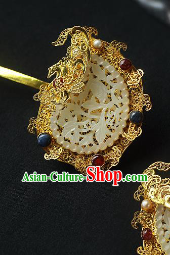 China Ancient Court Queen Filigree Hair Stick Traditional Ming Dynasty Empress Jade Hairpin