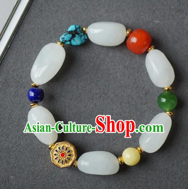 Chinese Traditional Cheongsam Wristlet Accessories Handmade National White Jade Bracelet