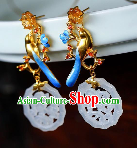 Chinese Handmade Hetian Jade Ear Accessories Traditional Cloisonne Earrings