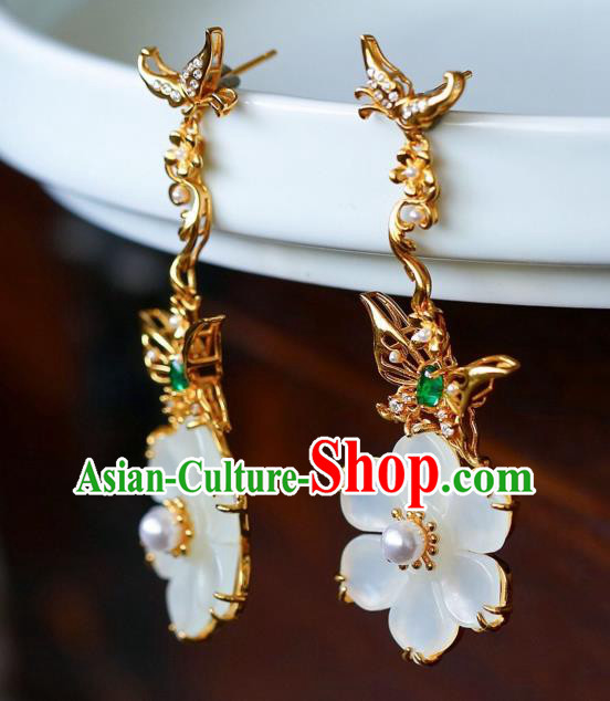 Chinese Handmade Jade Flower Ear Accessories Traditional Golden Butterfly Earrings