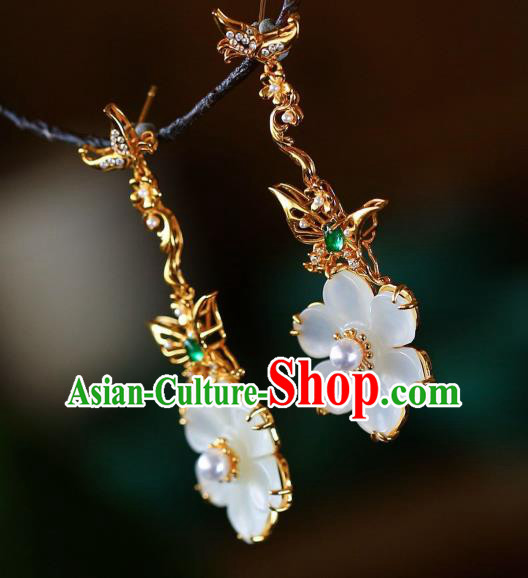 Chinese Handmade Jade Flower Ear Accessories Traditional Golden Butterfly Earrings