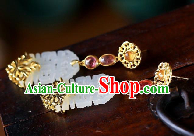 Chinese Handmade Wedding Ear Accessories Traditional Cheongsam White Jade Earrings