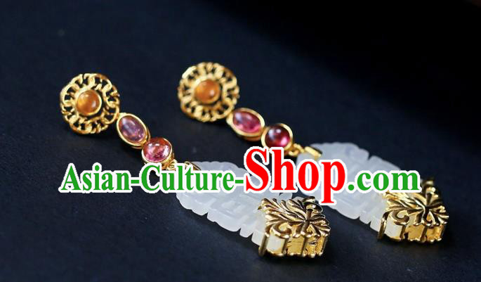 Chinese Handmade Wedding Ear Accessories Traditional Cheongsam White Jade Earrings