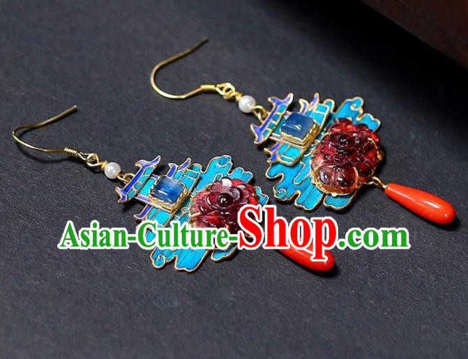 Chinese Handmade Cheongsam Tourmaline Peony Ear Accessories Traditional Qing Dynasty Court Earrings