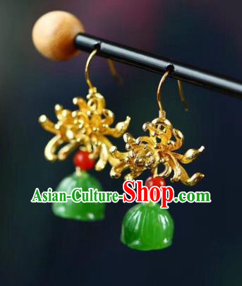 Chinese Handmade National Golden Chrysanthemum Ear Accessories Traditional Cheongsam Jade Lotus Seedpod Earrings