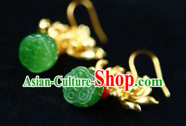 Chinese Handmade National Golden Chrysanthemum Ear Accessories Traditional Cheongsam Jade Lotus Seedpod Earrings