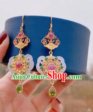 Chinese National Tourmaline Ear Accessories Handmade Traditional Cheongsam Hetian Jade Earrings
