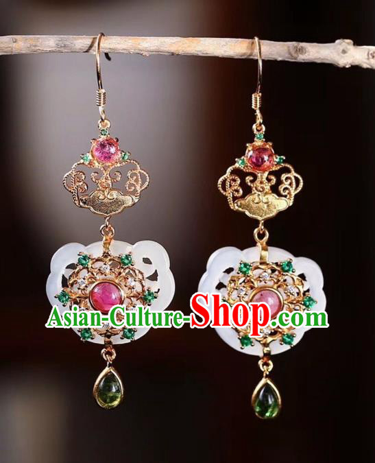 Chinese National Tourmaline Ear Accessories Handmade Traditional Cheongsam Hetian Jade Earrings